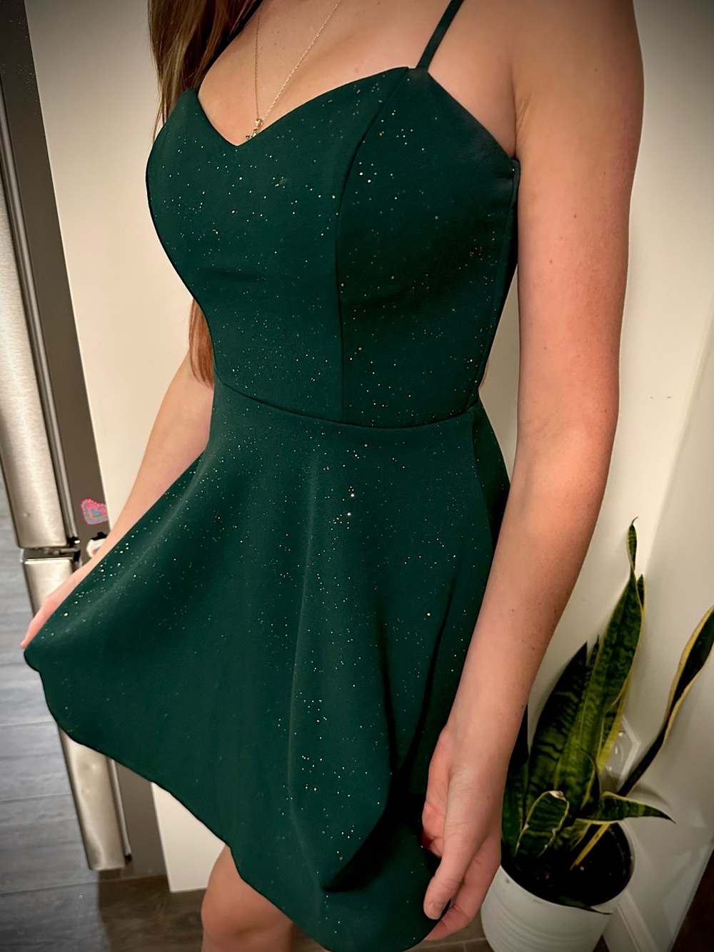 City Triangles Emerald Green Glitter Spaghetti Strap Mini Dress